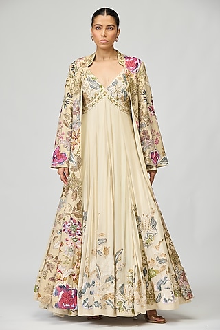 Ivory Silk Georgette Cutdana Embellished Anarkali Set by Varun Bahl