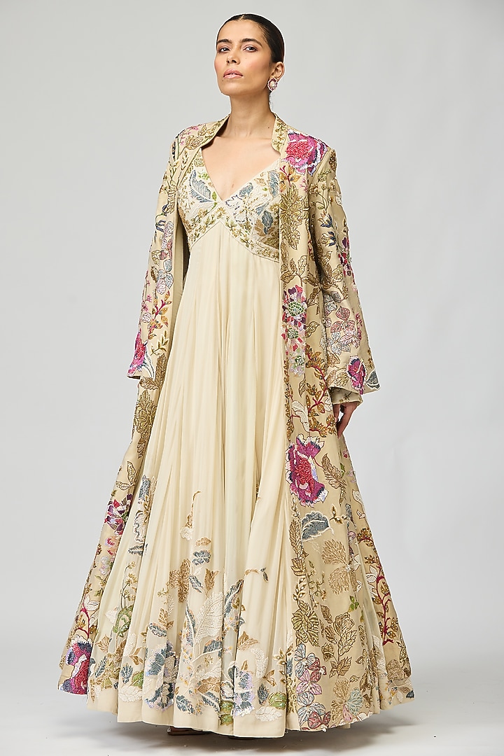 Ivory Silk Georgette Cutdana Embellished Bridal Anarkali Set by Varun Bahl at Pernia's Pop Up Shop