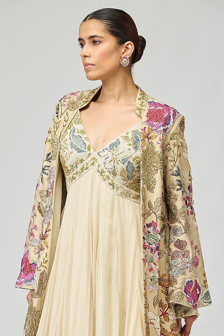 Ivory Silk Georgette Cutdana Embellished Bridal Anarkali Set by Varun Bahl at Pernia's Pop Up Shop