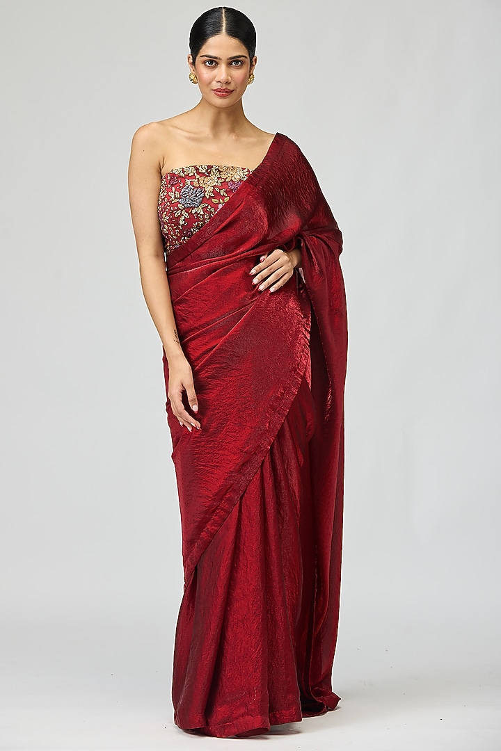 Maroon Organza Wedding Saree Set by Varun Bahl at Pernia's Pop Up Shop