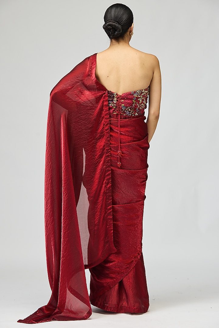 Maroon Organza Wedding Saree Set by Varun Bahl at Pernia's Pop Up Shop