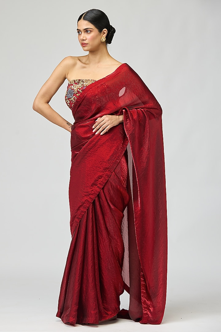 Maroon Organza Wedding Saree Set by Varun Bahl at Pernia's Pop Up Shop