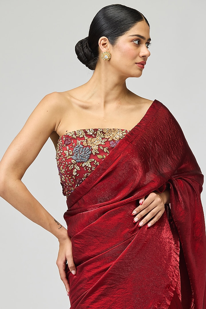 Maroon Organza Wedding Saree Set by Varun Bahl at Pernia's Pop Up Shop