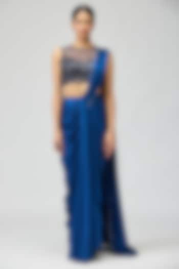 Navy Armani Satin Wedding Saree Set by Varun Bahl at Pernia's Pop Up Shop