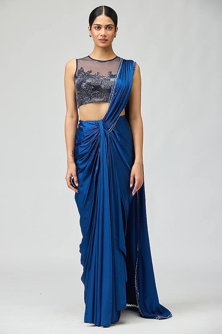 Navy Armani Satin Wedding Saree Set by Varun Bahl at Pernia's Pop Up Shop