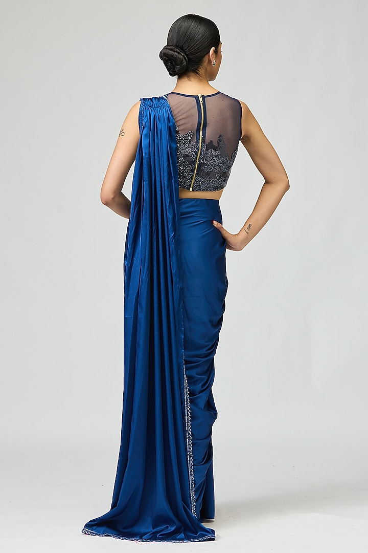 Navy Armani Satin Wedding Saree Set by Varun Bahl at Pernia's Pop Up Shop