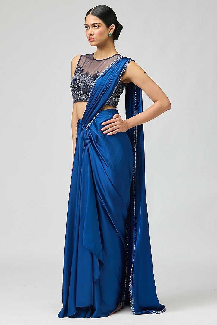 Navy Armani Satin Wedding Saree Set by Varun Bahl at Pernia's Pop Up Shop
