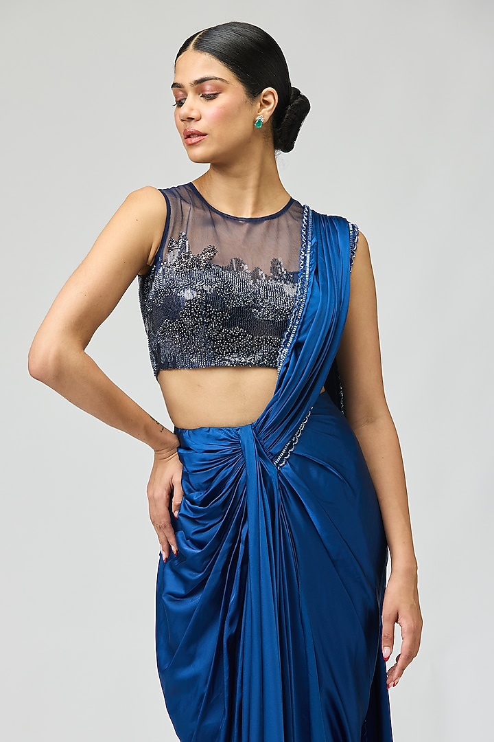 Navy Armani Satin Wedding Saree Set by Varun Bahl at Pernia's Pop Up Shop