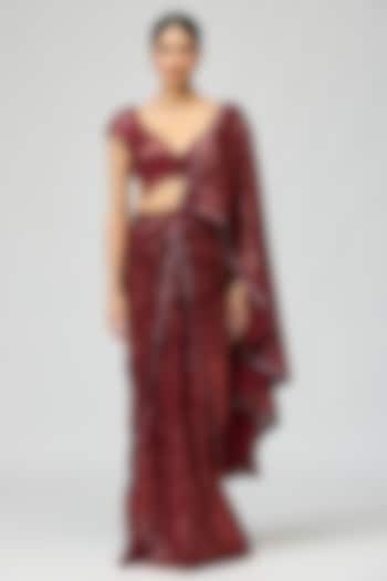 Maroon Sequin Fabric Dori Embroidered Wedding Saree Set by Varun Bahl at Pernia's Pop Up Shop