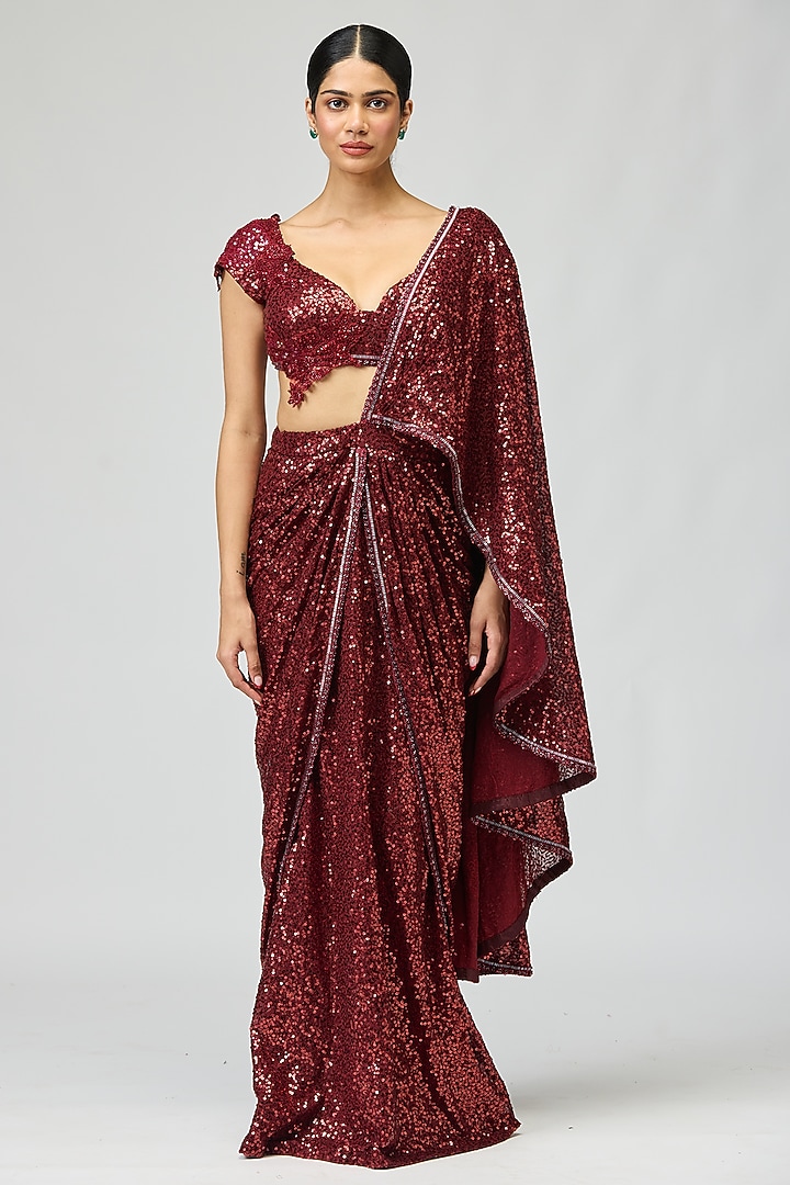 Maroon Sequin Fabric Dori Embroidered Wedding Saree Set by Varun Bahl at Pernia's Pop Up Shop