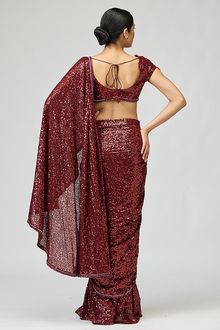 Maroon Sequin Fabric Dori Embroidered Wedding Saree Set by Varun Bahl at Pernia's Pop Up Shop