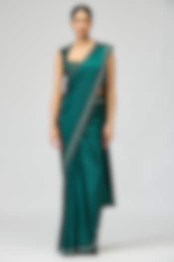 Green Armani Satin Beadwork Wedding Saree Set by Varun Bahl at Pernia's Pop Up Shop