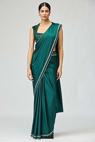 Green Armani Satin Beadwork Saree Set by Varun Bahl