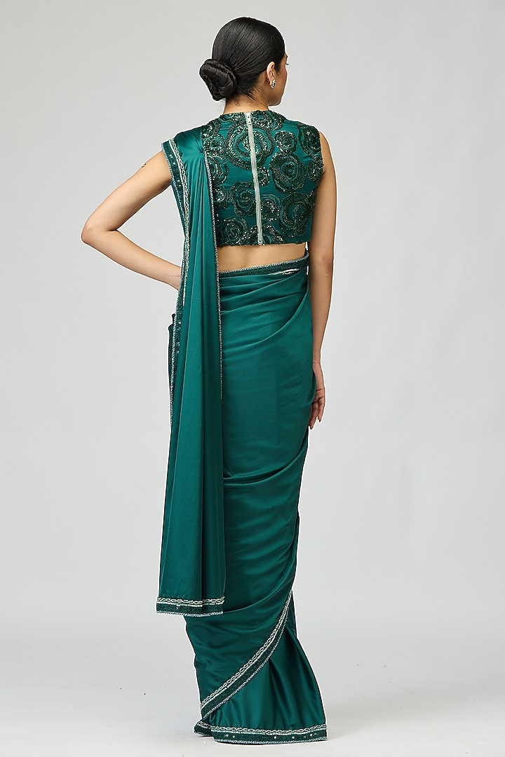 Green Armani Satin Beadwork Wedding Saree Set by Varun Bahl at Pernia's Pop Up Shop