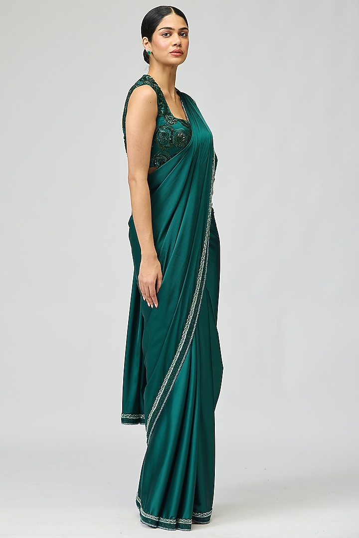 Green Armani Satin Beadwork Wedding Saree Set by Varun Bahl at Pernia's Pop Up Shop