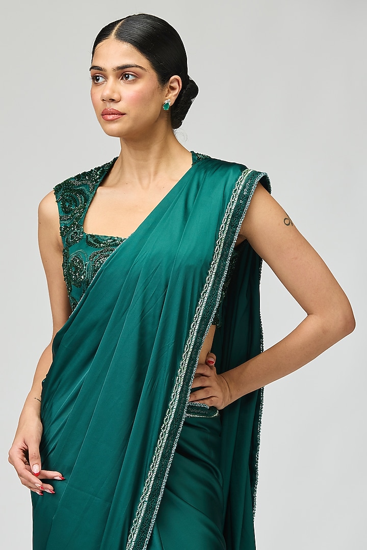 Green Armani Satin Beadwork Wedding Saree Set by Varun Bahl at Pernia's Pop Up Shop