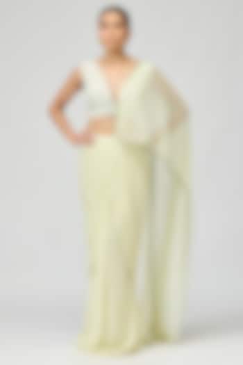 Lime Green Silk Chiffon Pearlwork Wedding Saree Set by Varun Bahl at Pernia's Pop Up Shop