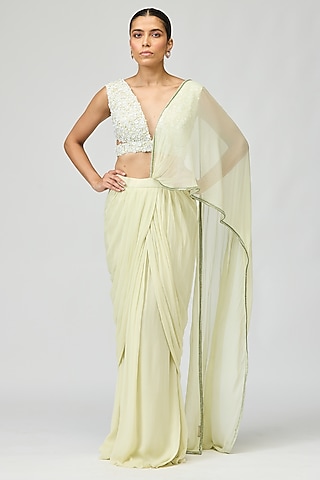 Lime Green Silk Chiffon Pearlwork Saree Set by Varun Bahl