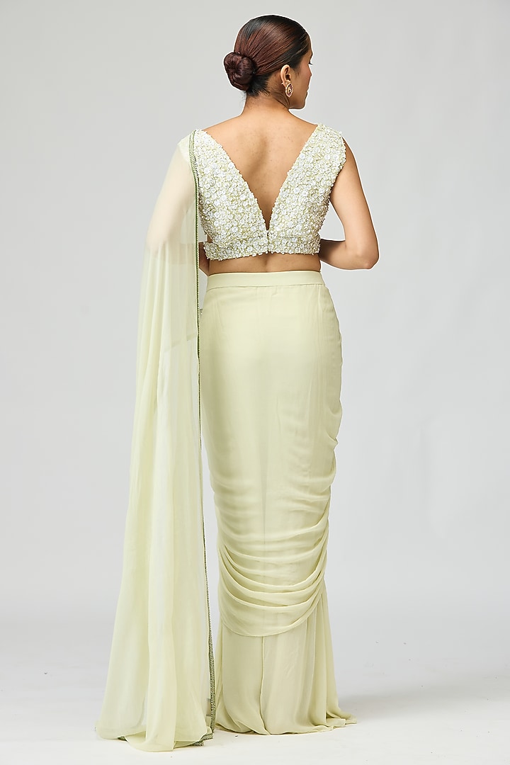 Lime Green Silk Chiffon Pearlwork Wedding Saree Set by Varun Bahl at Pernia's Pop Up Shop