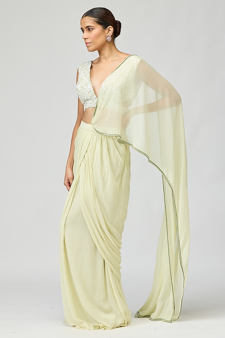 Lime Green Silk Chiffon Pearlwork Wedding Saree Set by Varun Bahl at Pernia's Pop Up Shop
