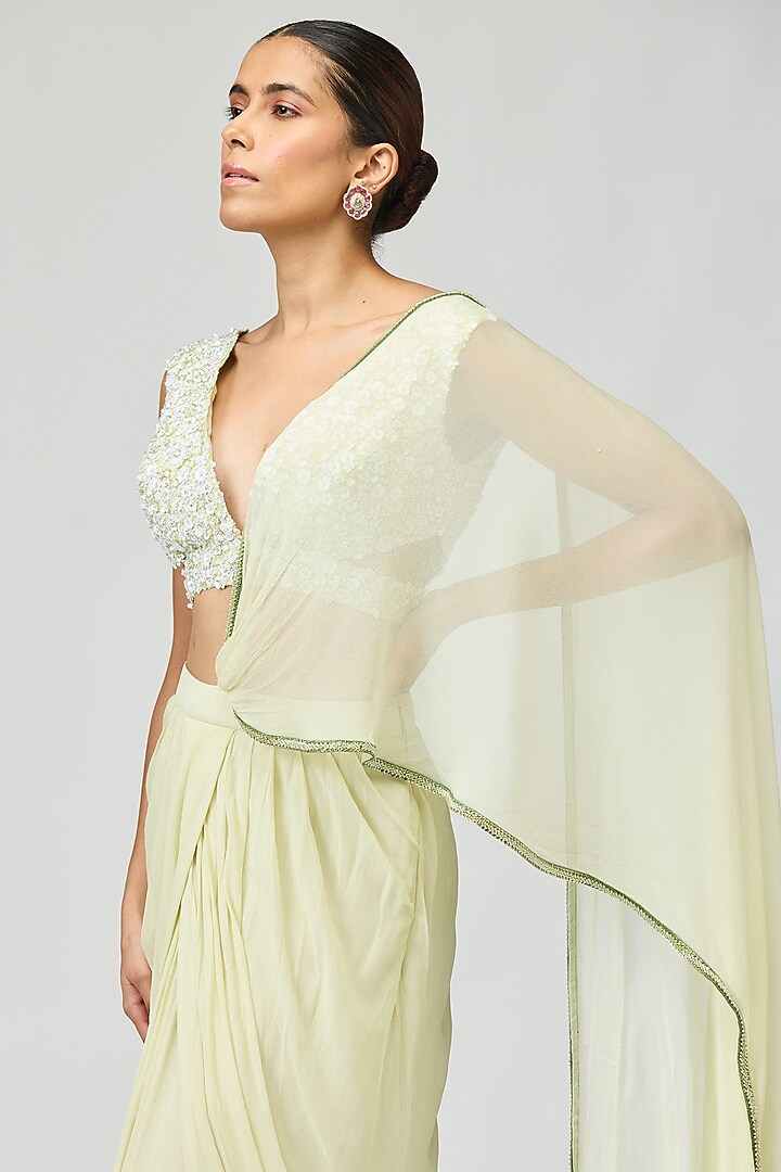 Lime Green Silk Chiffon Pearlwork Wedding Saree Set by Varun Bahl at Pernia's Pop Up Shop