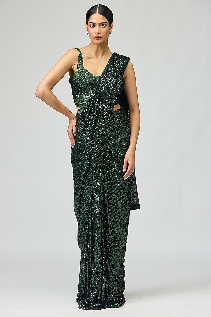 Dark Green Silk Chiffon Dori Work Wedding Saree Set by Varun Bahl at Pernia's Pop Up Shop