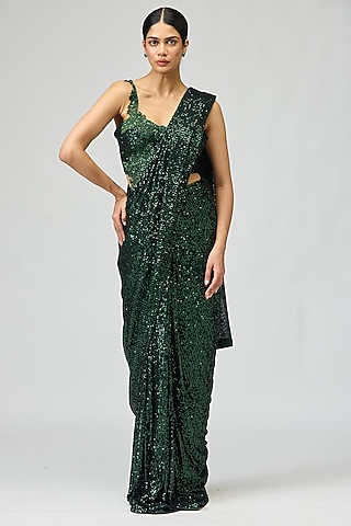 Dark Green Silk Chiffon Dori Work Saree Set by Varun Bahl