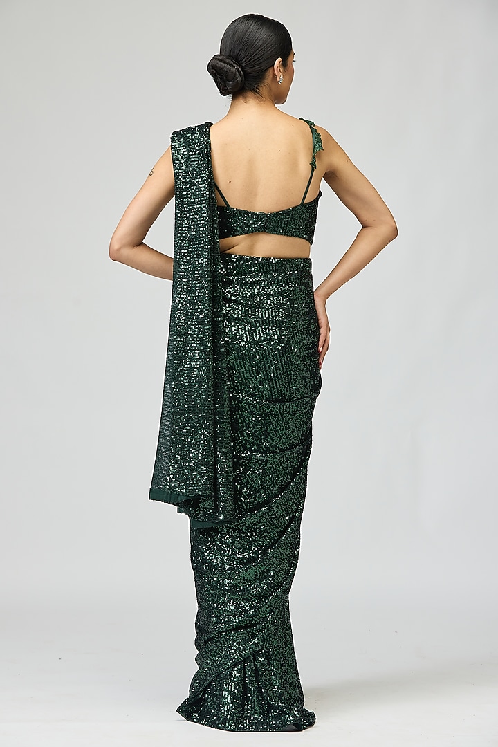 Dark Green Silk Chiffon Dori Work Wedding Saree Set by Varun Bahl at Pernia's Pop Up Shop