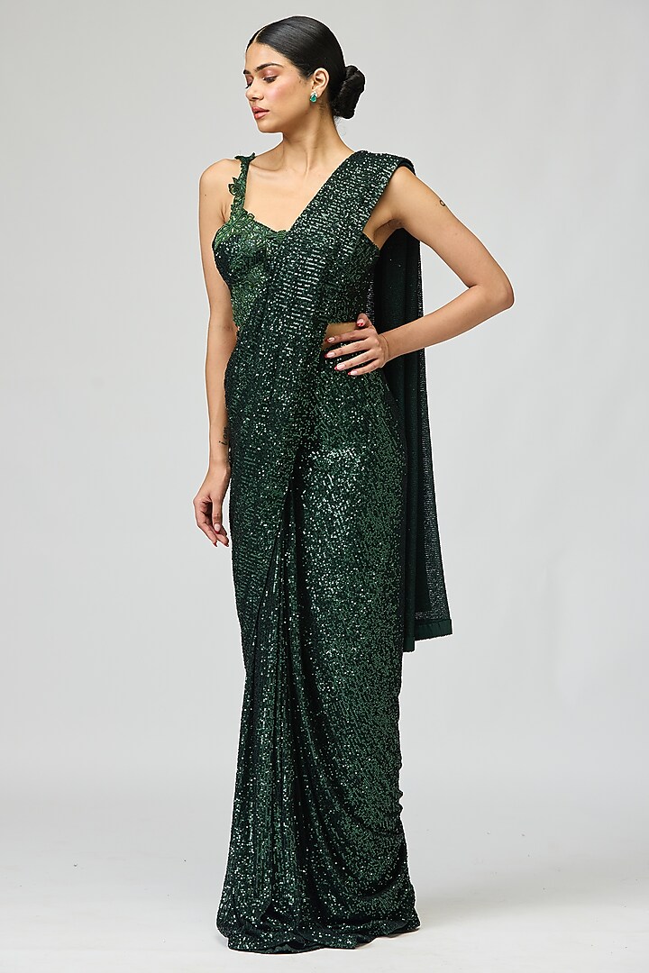 Dark Green Silk Chiffon Dori Work Wedding Saree Set by Varun Bahl at Pernia's Pop Up Shop