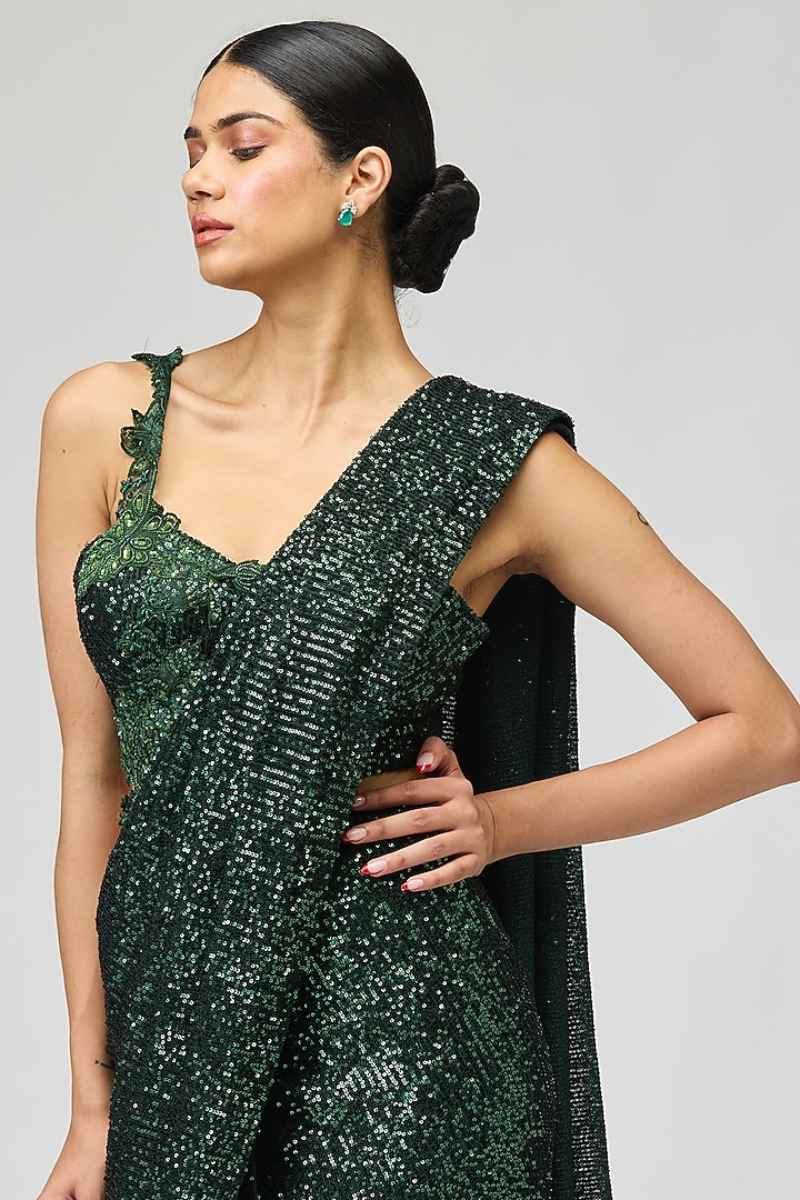 Dark Green Silk Chiffon Dori Work Wedding Saree Set by Varun Bahl at Pernia's Pop Up Shop