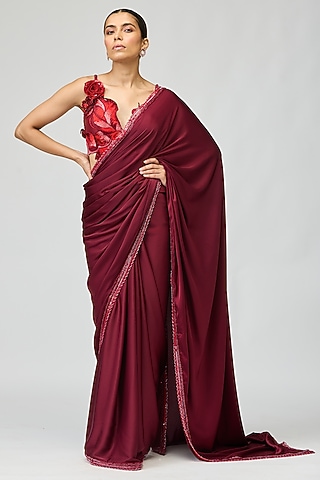 Wine Glossy Organza Threadwork Saree Set by Varun Bahl