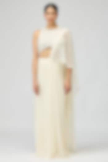 Ivory Silk Chiffon Bead Embroidered Wedding Saree Set by Varun Bahl at Pernia's Pop Up Shop