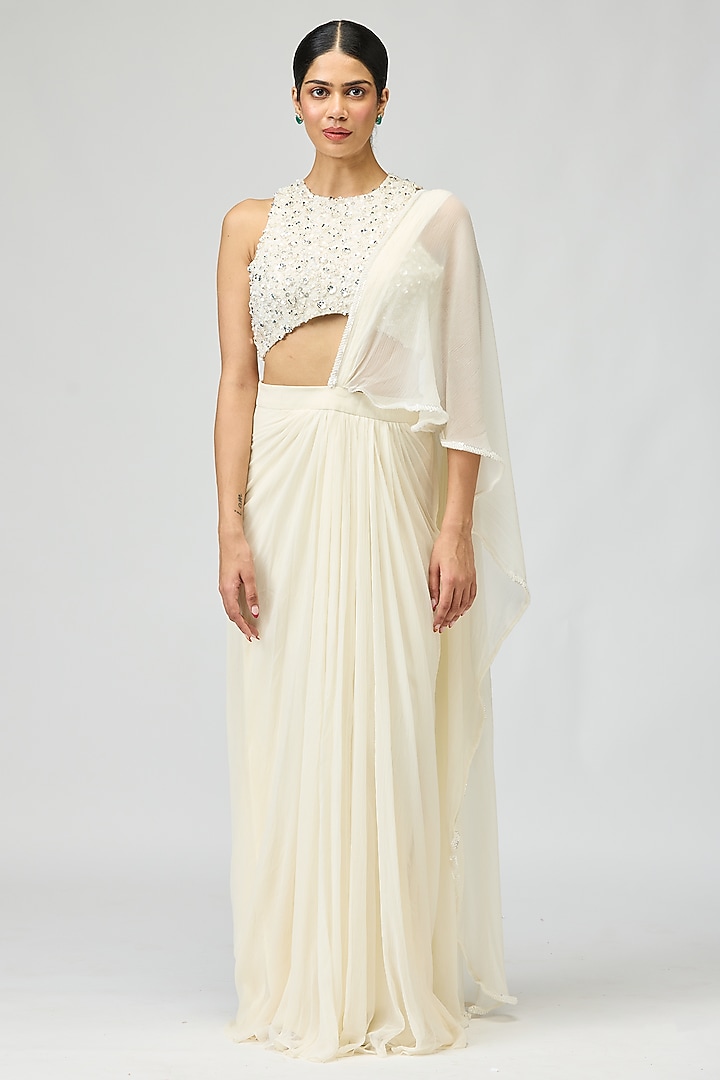 Ivory Silk Chiffon Bead Embroidered Wedding Saree Set by Varun Bahl at Pernia's Pop Up Shop