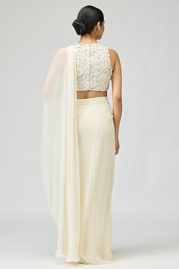 Ivory Silk Chiffon Bead Embroidered Wedding Saree Set by Varun Bahl at Pernia's Pop Up Shop