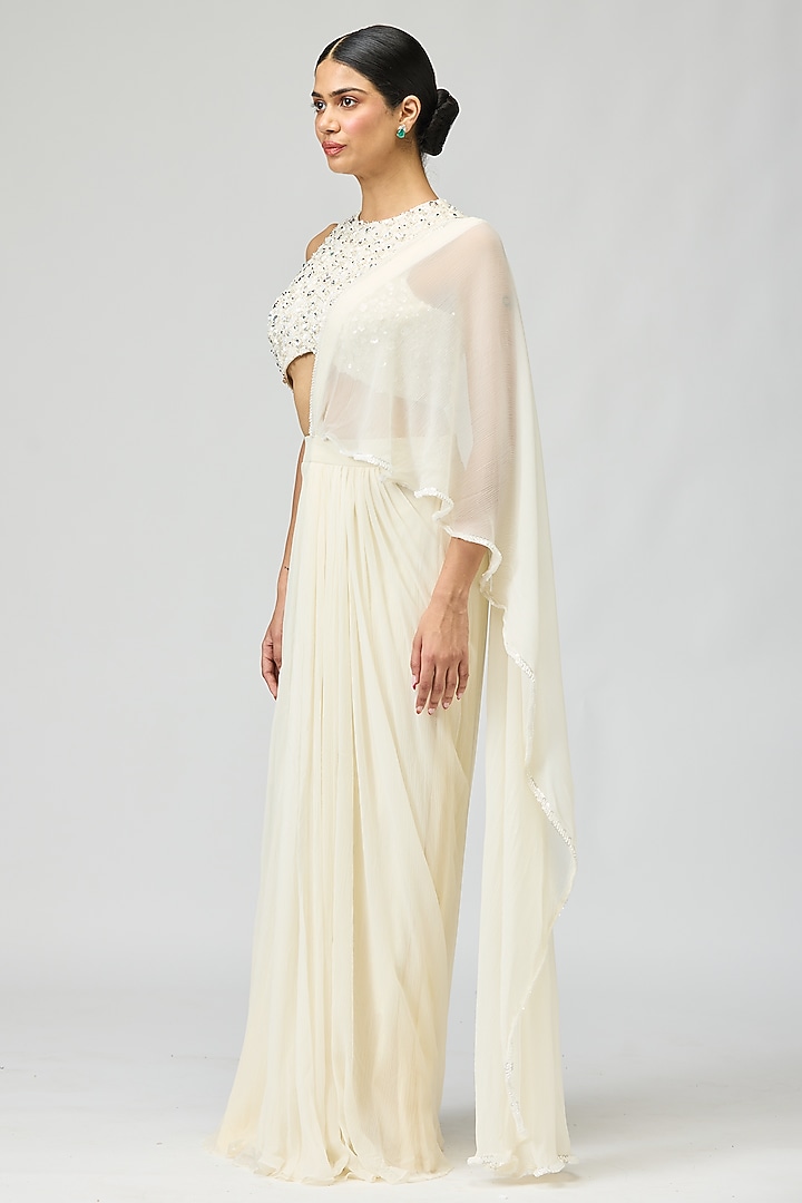 Ivory Silk Chiffon Bead Embroidered Wedding Saree Set by Varun Bahl at Pernia's Pop Up Shop