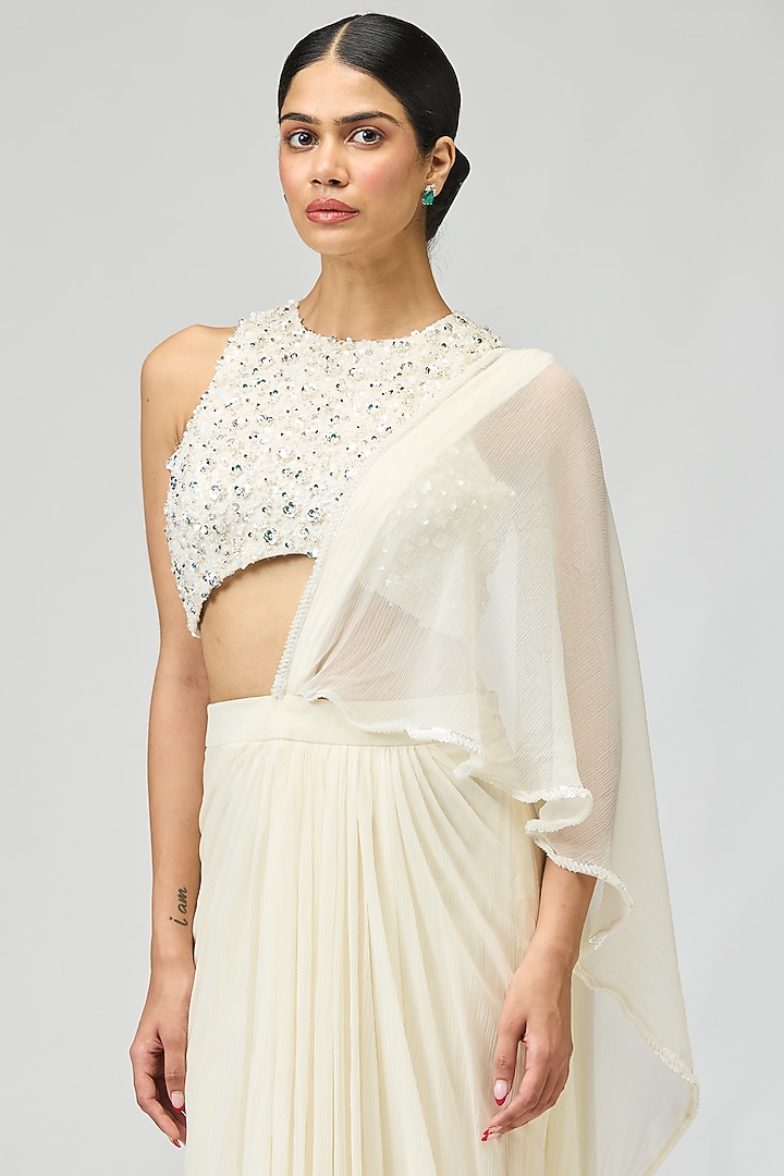 Ivory Silk Chiffon Bead Embroidered Wedding Saree Set by Varun Bahl at Pernia's Pop Up Shop