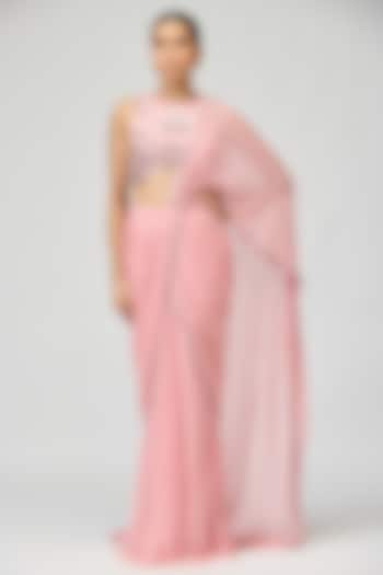 Light Pink Silk Chiffon Beadwork Wedding Saree Set by Varun Bahl at Pernia's Pop Up Shop
