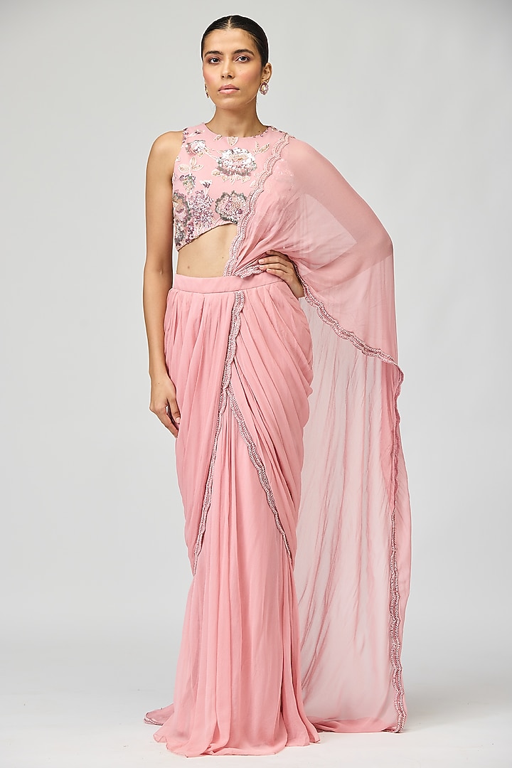 Light Pink Silk Chiffon Beadwork Wedding Saree Set by Varun Bahl at Pernia's Pop Up Shop