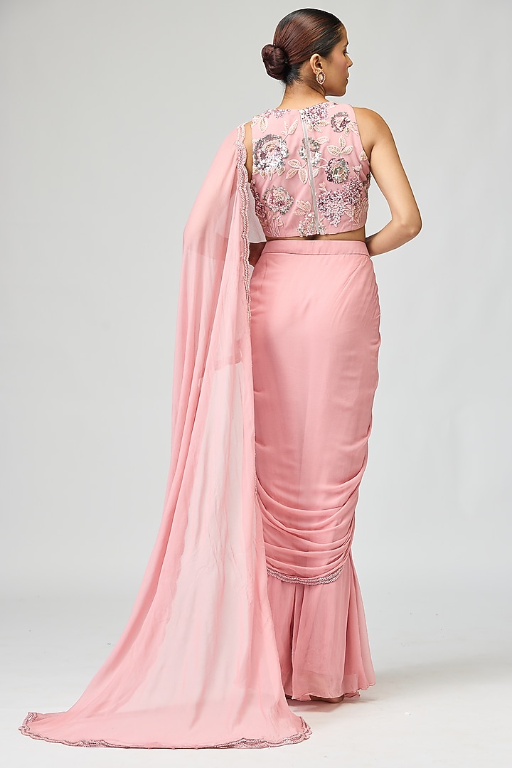 Light Pink Silk Chiffon Beadwork Wedding Saree Set by Varun Bahl at Pernia's Pop Up Shop