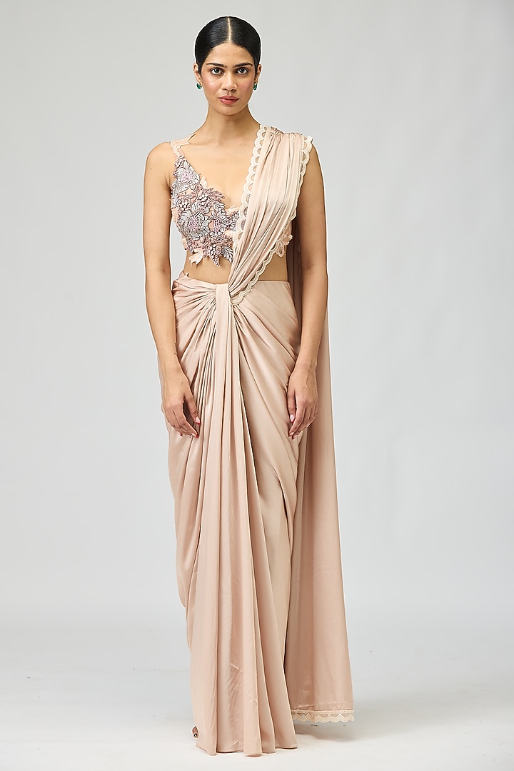 Blush Armani Satin Bead Embroidered Wedding Saree Set by Varun Bahl at Pernia's Pop Up Shop