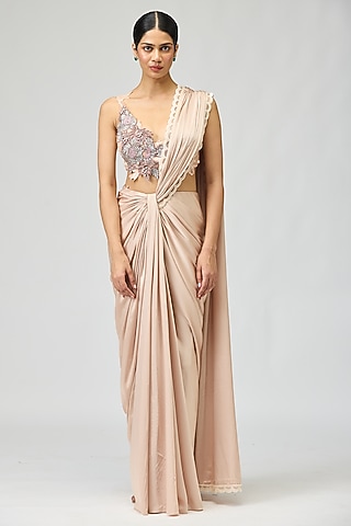 Blush Armani Satin Bead Embroidered Saree Set by Varun Bahl