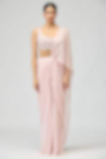 Light Pink Silk Chiffon Beadwork Wedding Saree Set by Varun Bahl at Pernia's Pop Up Shop
