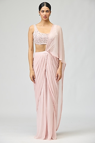 Light Pink Silk Chiffon Beadwork Saree Set by Varun Bahl