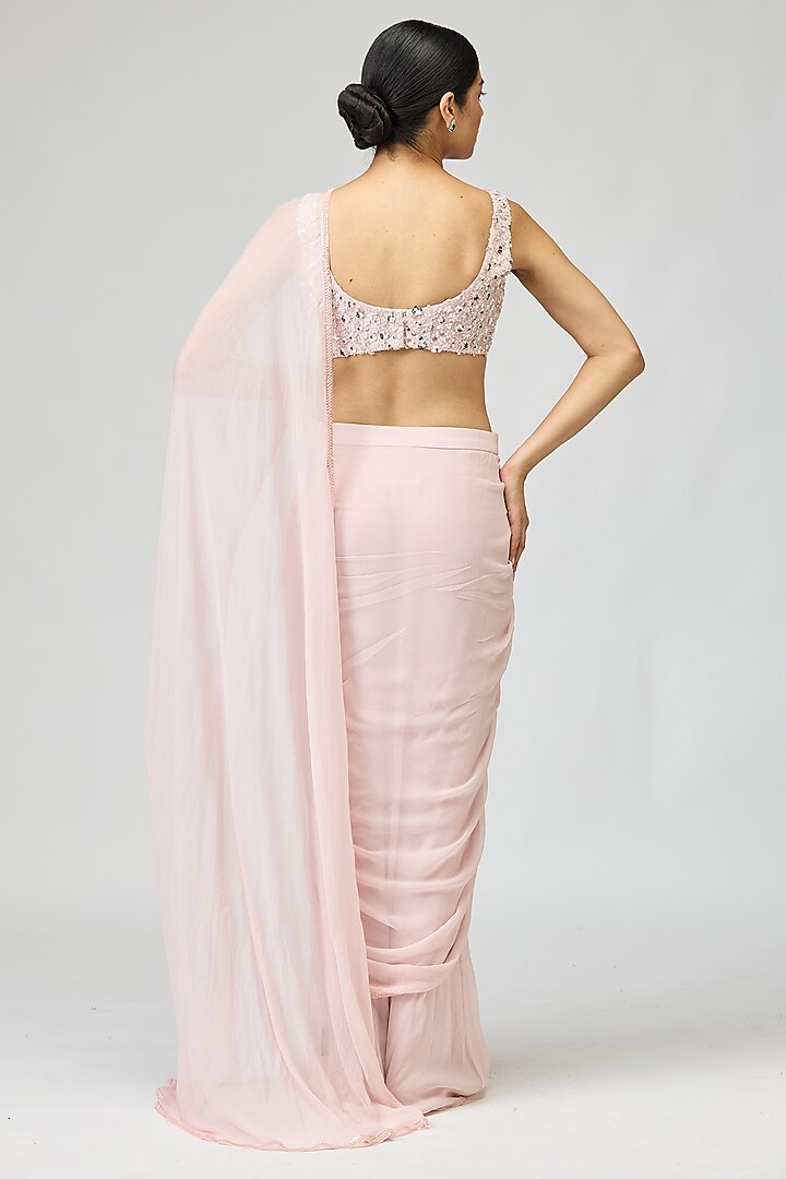 Light Pink Silk Chiffon Beadwork Wedding Saree Set by Varun Bahl at Pernia's Pop Up Shop