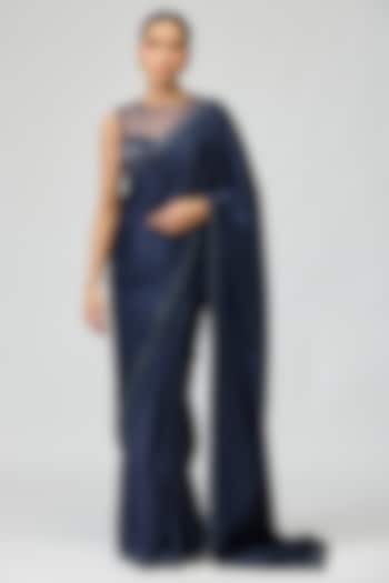 Navy Blue Armani Satin Cutdana Embellished Wedding Saree Set by Varun Bahl at Pernia's Pop Up Shop