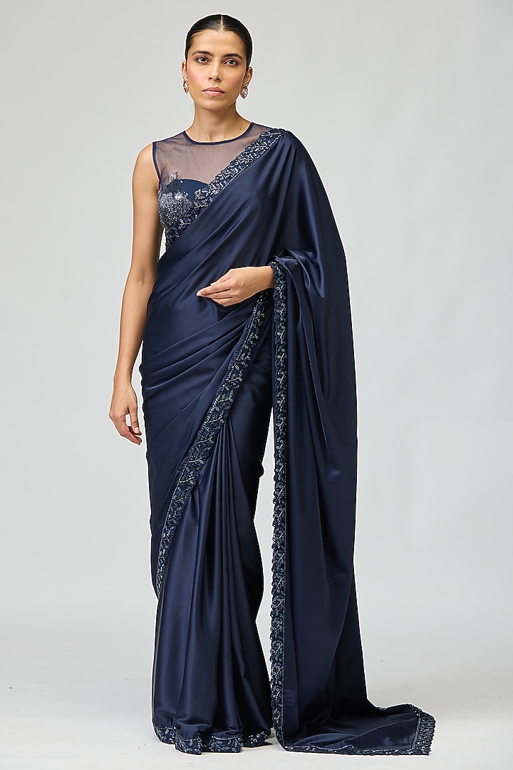 Navy Blue Armani Satin Cutdana Embellished Wedding Saree Set by Varun Bahl at Pernia's Pop Up Shop