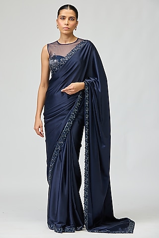 Navy Blue Armani Satin Cutdana Embellished Saree Set by Varun Bahl