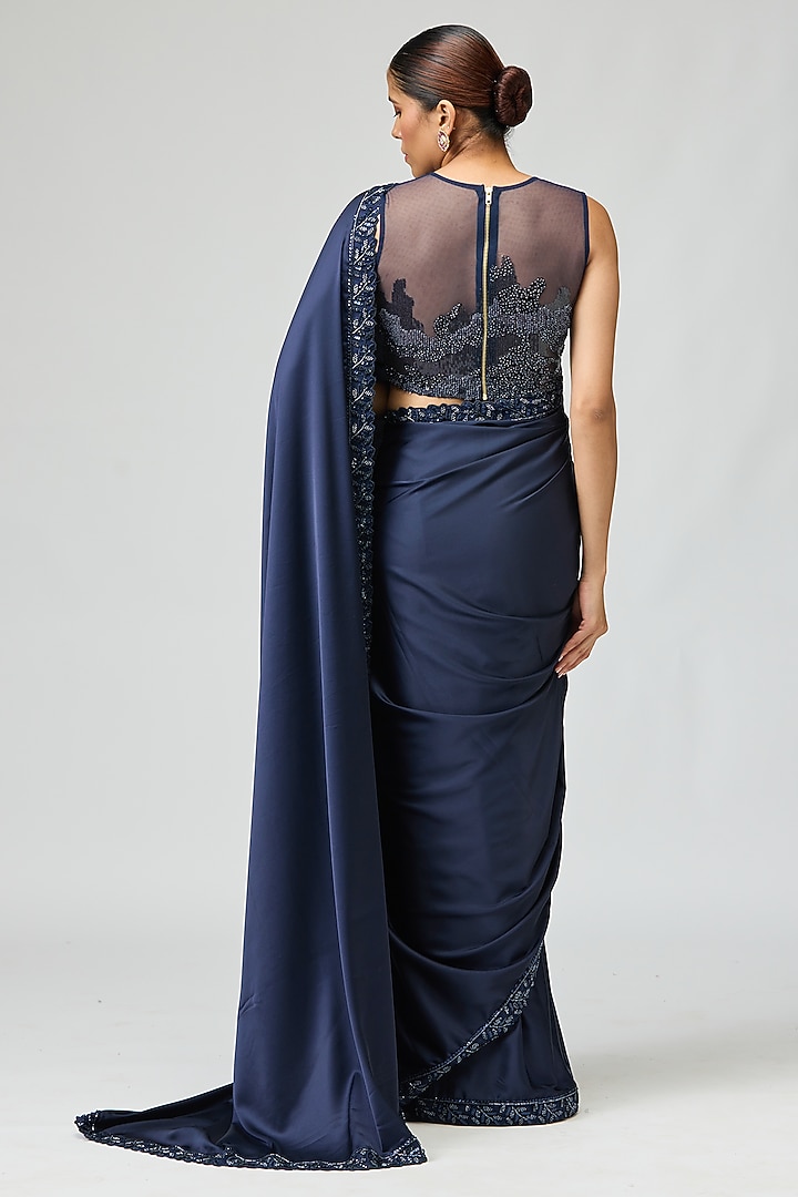 Navy Blue Armani Satin Cutdana Embellished Wedding Saree Set by Varun Bahl at Pernia's Pop Up Shop