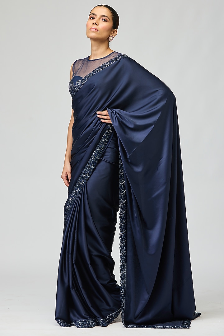 Navy Blue Armani Satin Cutdana Embellished Wedding Saree Set by Varun Bahl at Pernia's Pop Up Shop