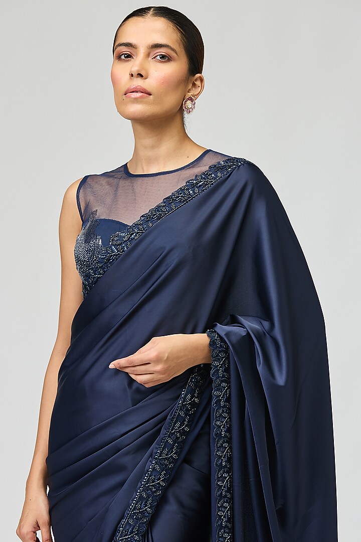 Navy Blue Armani Satin Cutdana Embellished Wedding Saree Set by Varun Bahl at Pernia's Pop Up Shop